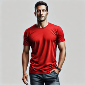 DALL·E 2024-09-01 11.50.25 - A detailed image of a man wearing a red t-shirt, standing casually. The man has a friendly appearance with short, dark hair and a clean-shaven face. H