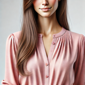 DALL·E 2024-09-01 11.50.56 - A detailed image of a woman wearing a pink blouse. The woman has a pleasant and friendly appearance with long, straight hair and a natural, minimal ma